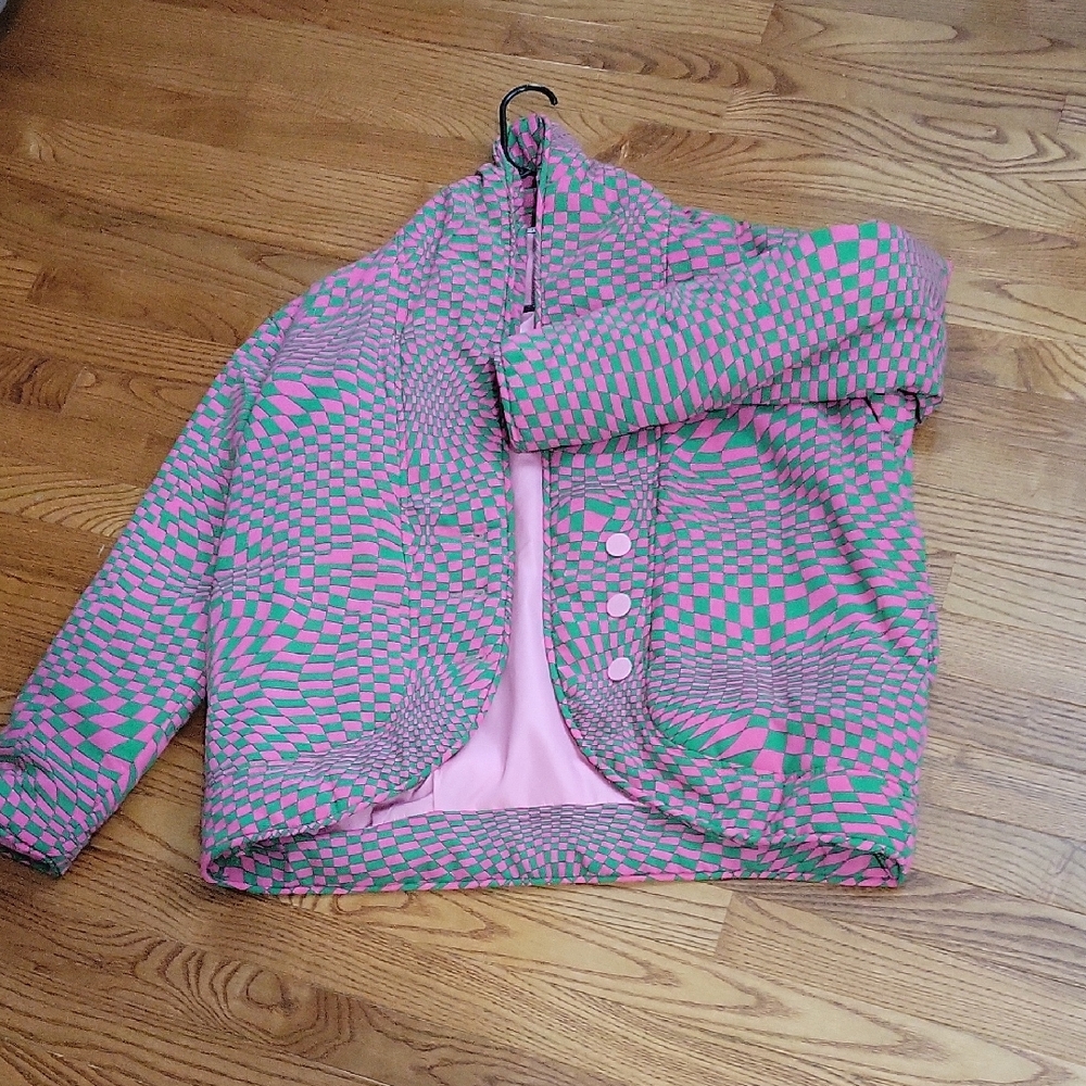 DAVI & DANI Vibrant Pink and Green Checkered Jacket